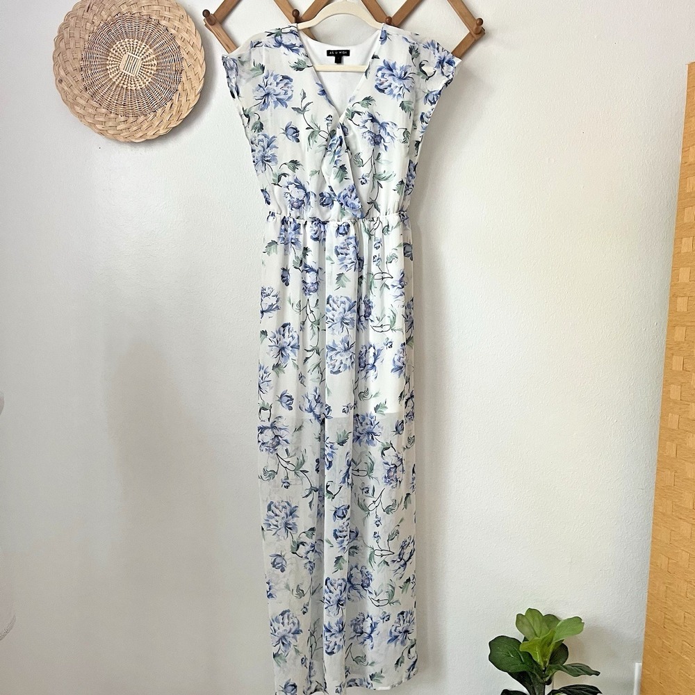 Blue white floral maxi sheer short flowy summer party dress S fairy whimsy